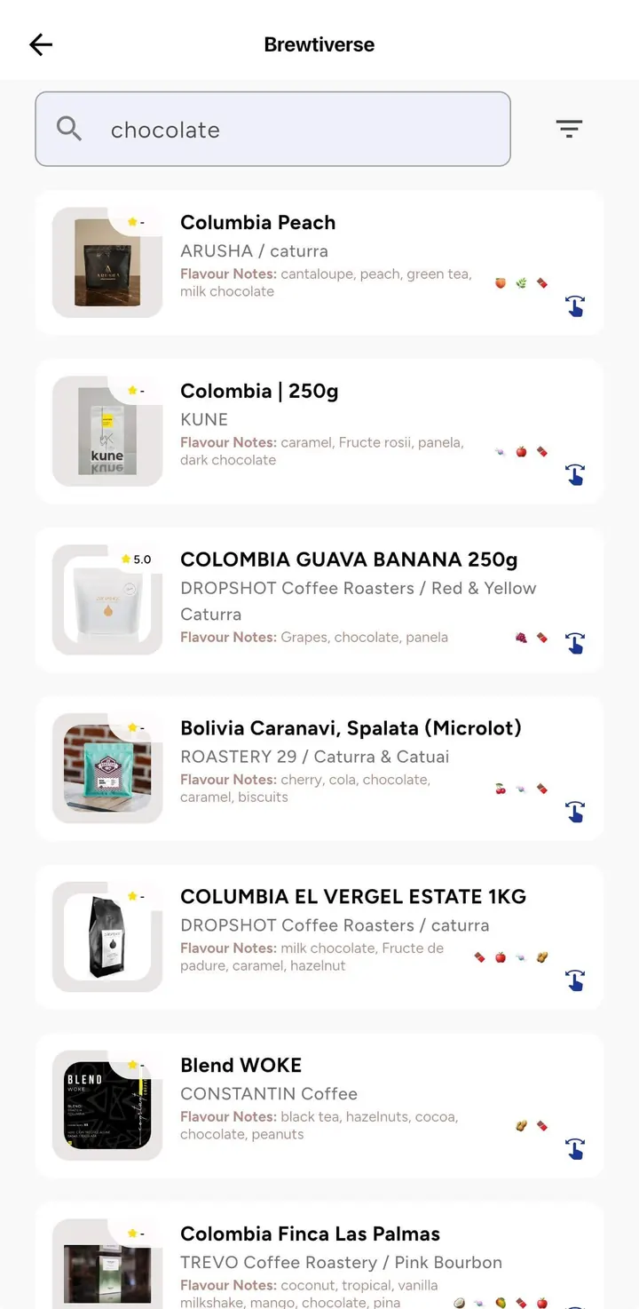 Caută cafele în aplicația Brewtifi