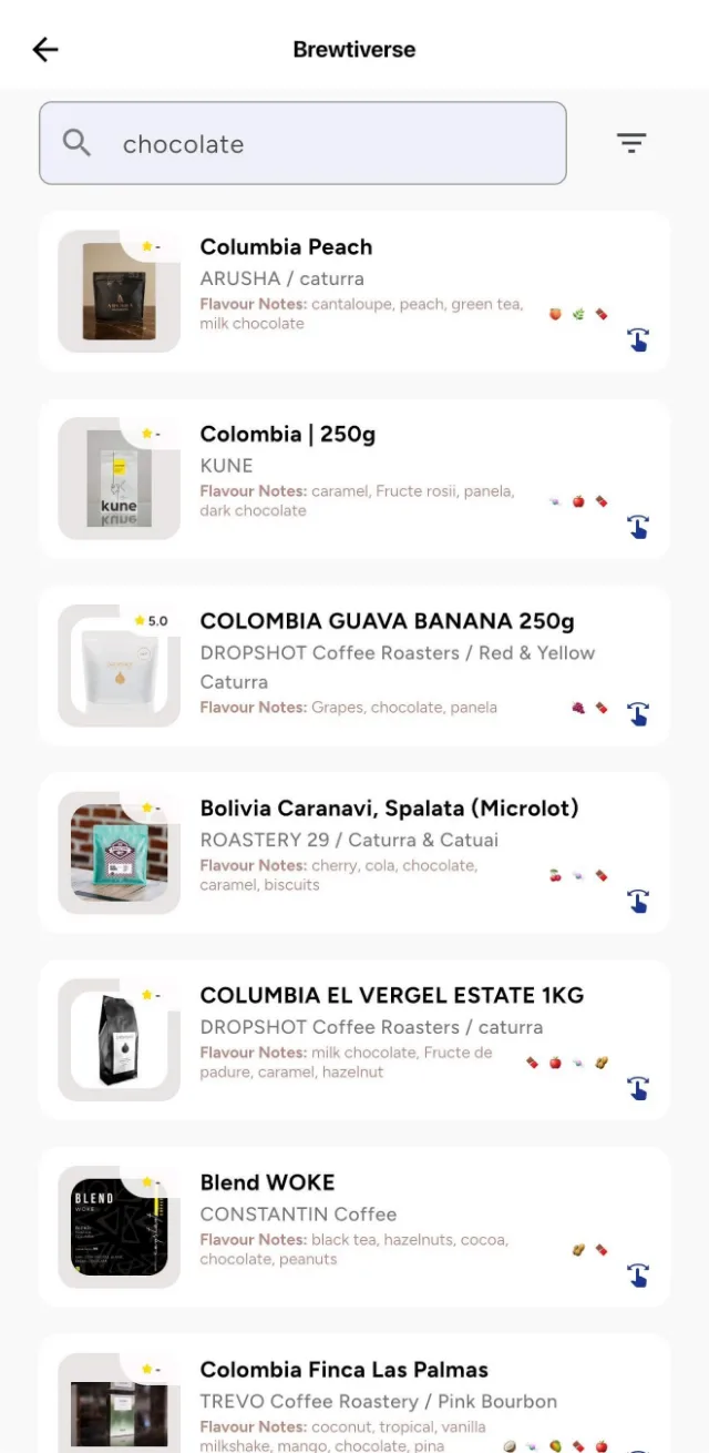 Brewtifi coffee search showing roasteries, varietals and flavour notes