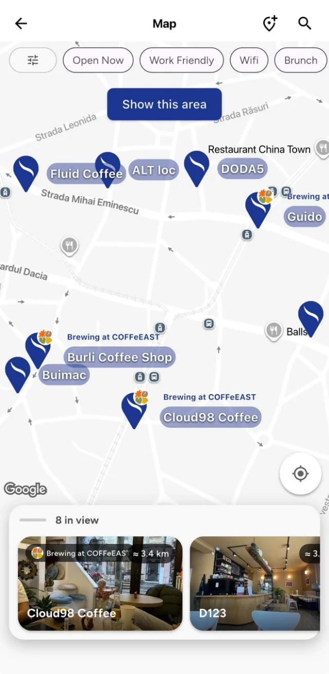 Brewtifi coffee shop map with Open Now, Work Friendly, Wifi and Brunch filters